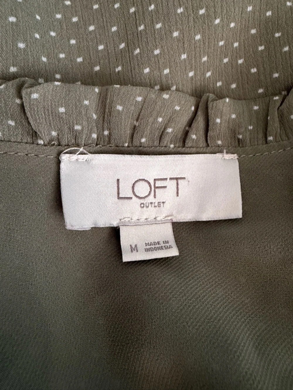 Ann Taylor LOFT Olive Green Ruffled Peplum Long Sleeve Polka Dot Blouse Dot